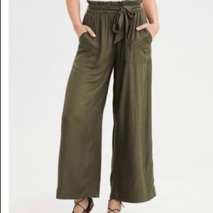 AE olive paper bag waist high waisted palazzo pant